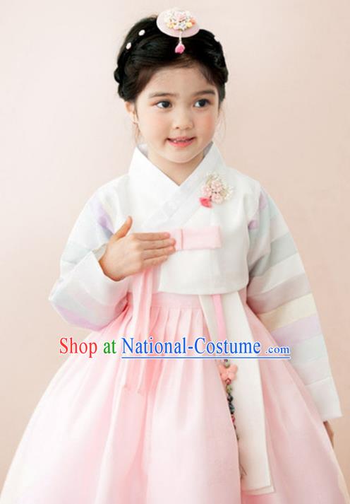 Traditional Korean National Handmade Formal Occasions Girls Clothing Palace Hanbok Costume Embroidered White Blouse and Pink Dress for Kids