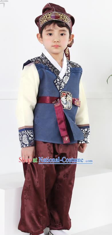 Asian Korean National Traditional Handmade Formal Occasions Boys Embroidery Navy Vest Hanbok Costume Complete Set for Kids