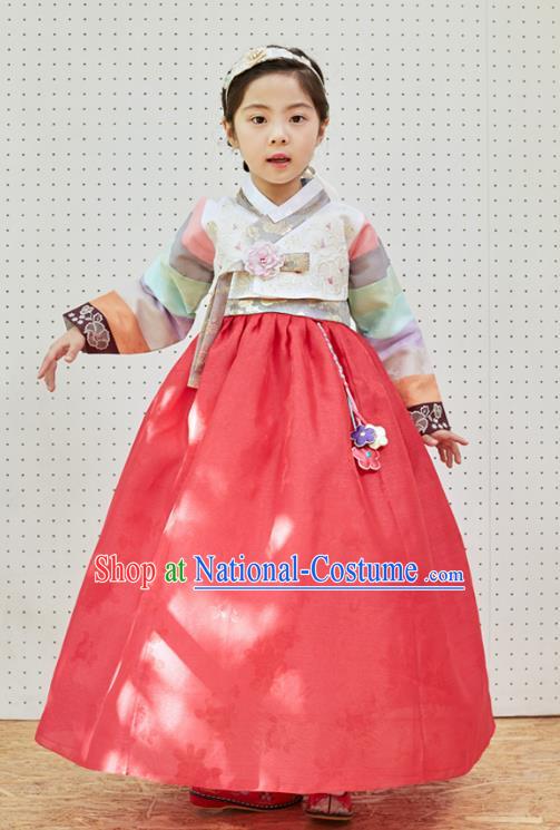 Traditional Korean National Handmade Formal Occasions Girls Clothing Palace Hanbok Costume Embroidered White Blouse and Red Dress for Kids