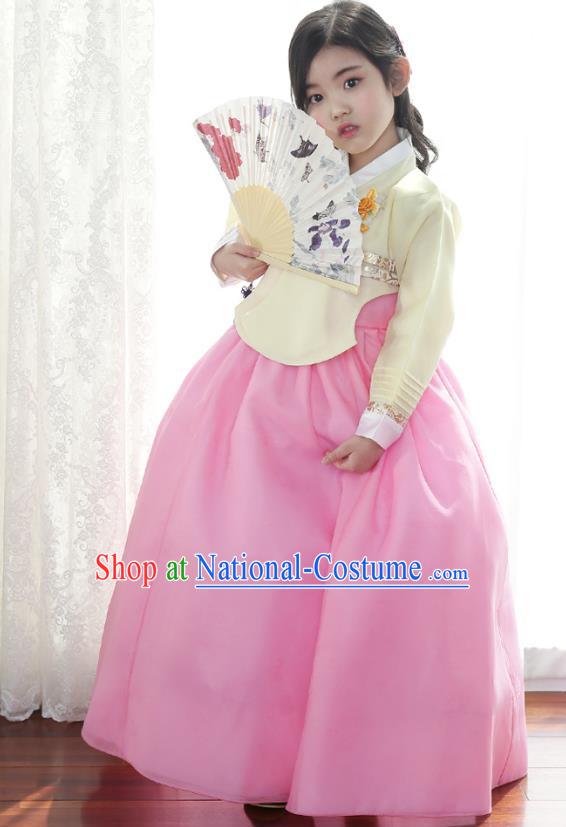 Traditional Korean National Handmade Formal Occasions Girls Clothing Palace Hanbok Costume Embroidered Yellow Blouse and Pink Dress for Kids