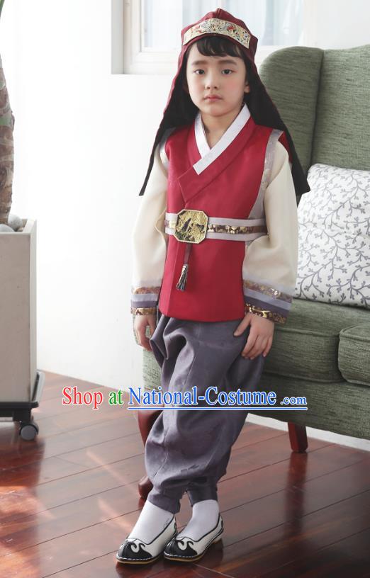 Asian Korean National Traditional Handmade Formal Occasions Boys Embroidery Red Vest Hanbok Costume Complete Set for Kids