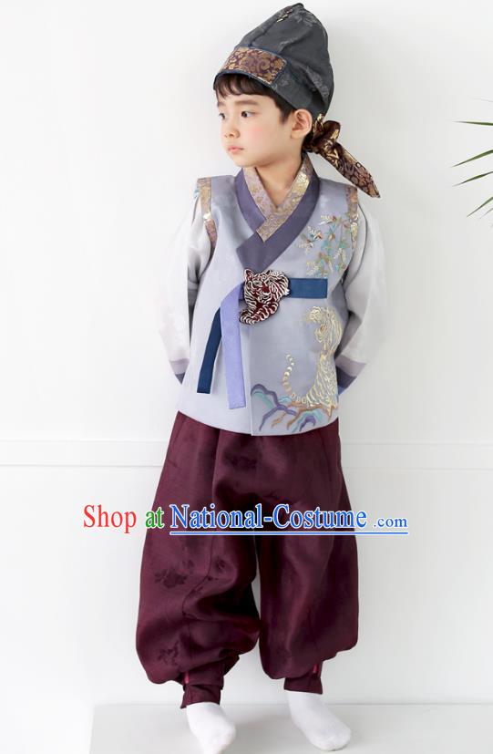 Asian Korean National Traditional Handmade Formal Occasions Boys Embroidery Grey Blue Vest Hanbok Costume Complete Set for Kids