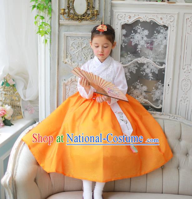 Traditional Korean National Handmade Formal Occasions Girls Clothing Palace Hanbok Costume Embroidered White Blouse and Yellow Dress for Kids