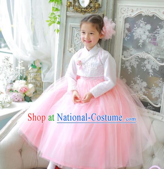 Traditional Korean National Handmade Formal Occasions Girls Clothing Palace Hanbok Costume Embroidered White Blouse and Pink Dress for Kids