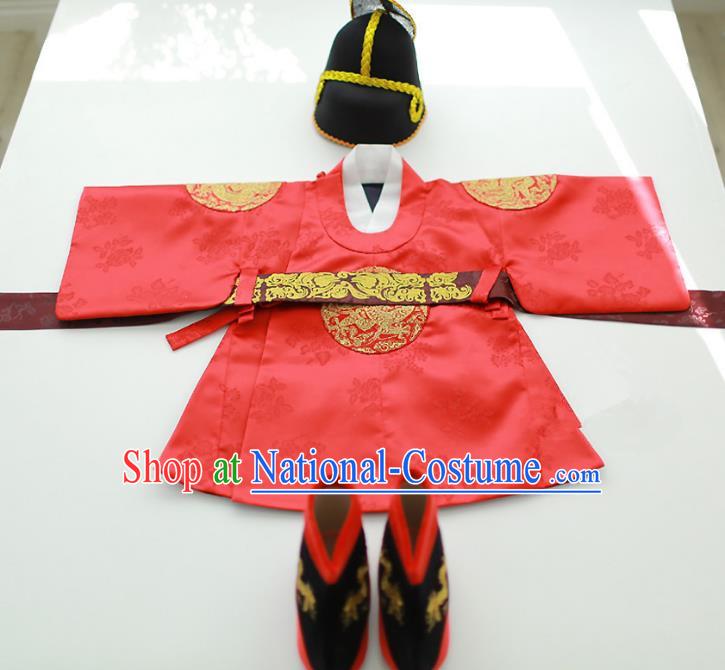 Asian Korean National Traditional Handmade Formal Occasions Boys Embroidery Red Robe Hanbok Costume for Kids