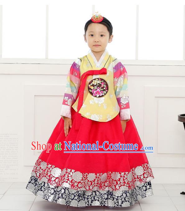 Traditional Korean National Handmade Formal Occasions Girls Clothing Palace Hanbok Costume Embroidered Yellow Blouse and Red Dress for Kids