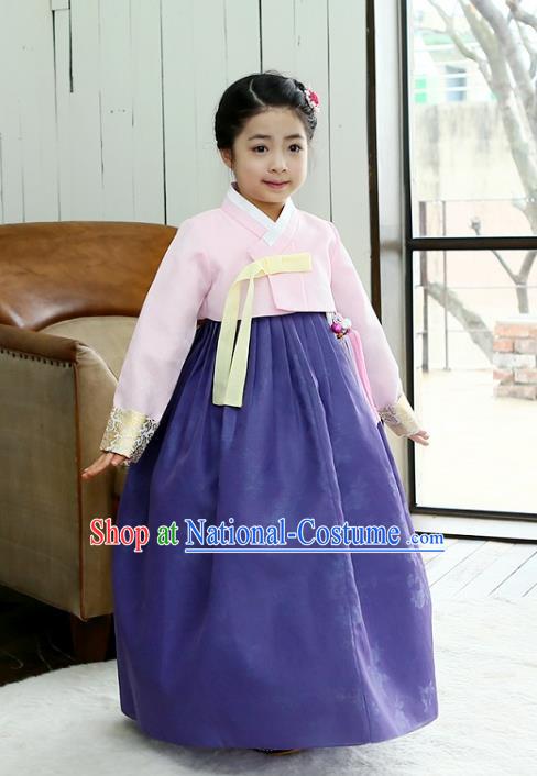 Korean National Handmade Formal Occasions Girls Clothing Palace Hanbok Costume Embroidered Pink Blouse and Purple Dress for Kids