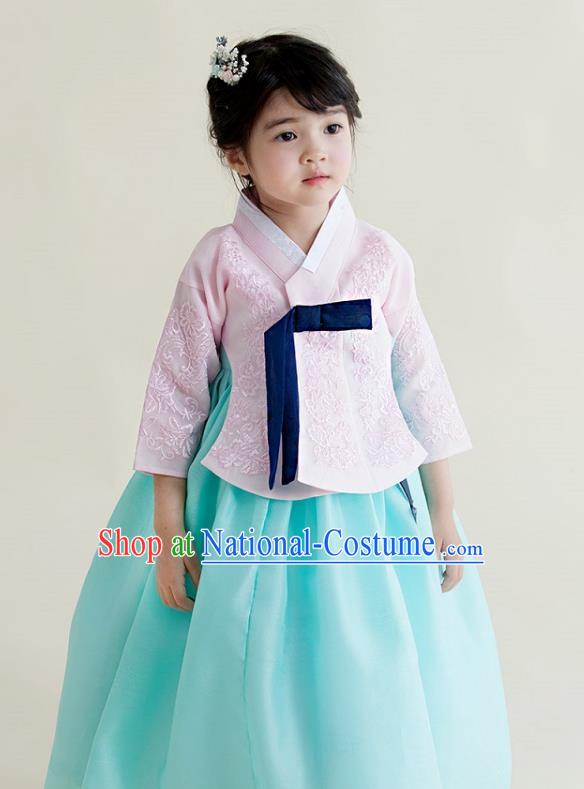 Korean National Handmade Formal Occasions Girls Clothing Palace Hanbok Costume Embroidered Pink Blouse and Blue Dress for Kids