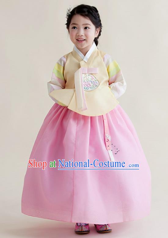 Korean National Handmade Formal Occasions Girls Clothing Palace Hanbok Costume Embroidered Yellow Blouse and Pink Dress for Kids