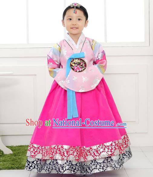 Traditional Korean National Handmade Formal Occasions Girls Clothing Palace Hanbok Costume Embroidered Pink Blouse and Rosy Dress for Kids