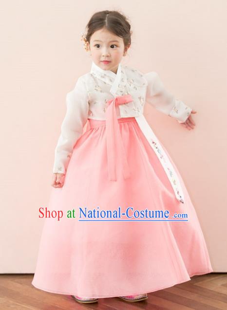 Traditional Korean National Handmade Formal Occasions Girls Palace Hanbok Costume Embroidered White Blouse and Pink Dress for Kids