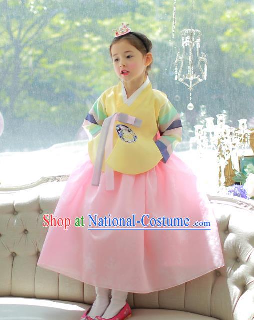 Traditional Korean National Handmade Formal Occasions Girls Palace Hanbok Costume Embroidered Yellow Blouse and Pink Dress for Kids