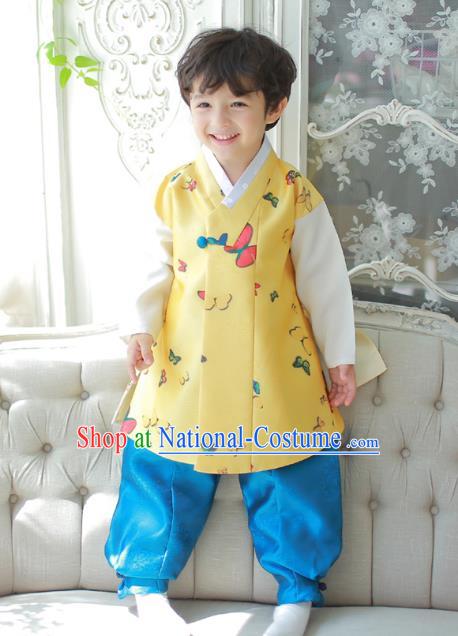 Asian Korean National Traditional Handmade Formal Occasions Boys Printing Butterfly Yellow Vest Hanbok Costume Complete Set for Kids