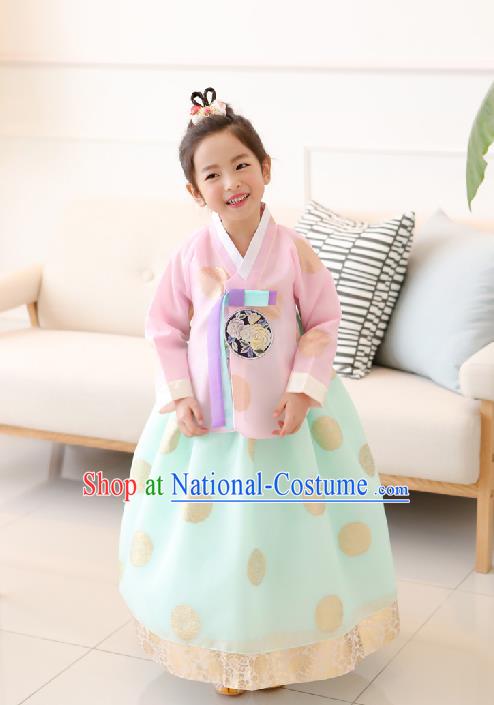 Traditional Korean National Handmade Formal Occasions Girls Clothing Palace Hanbok Costume Embroidered Pink Blouse and Green Dress for Kids