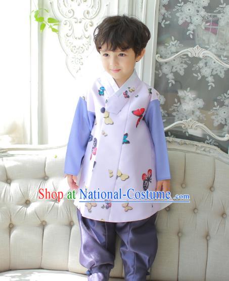 Asian Korean National Traditional Handmade Formal Occasions Boys Printing Butterfly Lilac Vest Hanbok Costume Complete Set for Kids