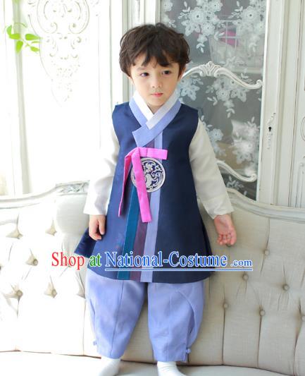 Asian Korean National Traditional Handmade Formal Occasions Boys Navy Vest Hanbok Costume Complete Set for Kids