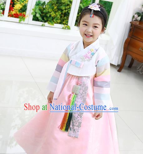 Traditional Korean National Handmade Formal Occasions Girls Clothing Palace Hanbok Costume Embroidered White Blouse and Pink Dress for Kids