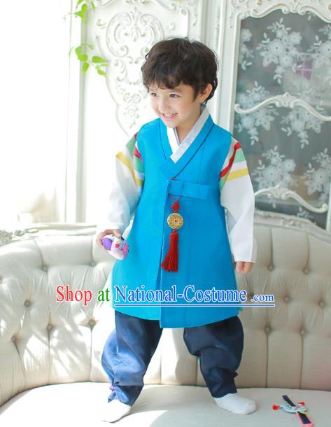 Asian Korean National Traditional Handmade Formal Occasions Boys Embroidered Blue Vest Hanbok Costume Complete Set for Kids