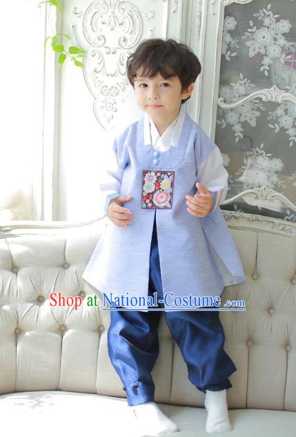 Asian Korean National Traditional Handmade Formal Occasions Boys Embroidered Blue Vest Hanbok Costume Complete Set for Kids