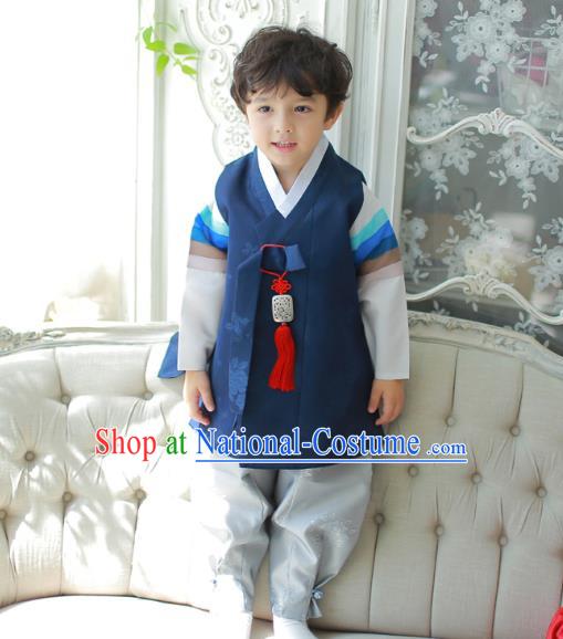 Asian Korean National Traditional Handmade Formal Occasions Boys Embroidered Deep Blue Vest Hanbok Costume Complete Set for Kids