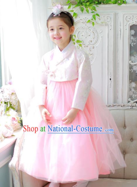 Traditional Korean National Handmade Formal Occasions Girls Palace Hanbok Costume Embroidered Pink Blouse and Dress for Kids