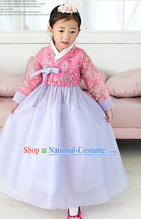 Traditional Korean National Handmade Formal Occasions Girls Palace Hanbok Costume Embroidered Red Blouse and Purple Dress for Kids