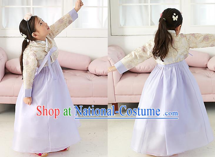 Traditional Korean National Handmade Formal Occasions Girls Palace Hanbok Costume Embroidered Yellow Blouse and Purple Dress for Kids