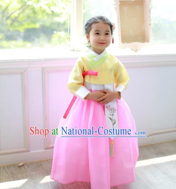 Traditional Korean National Handmade Formal Occasions Girls Clothing Palace Hanbok Costume Embroidered Yellow Blouse and Pink Dress for Kids