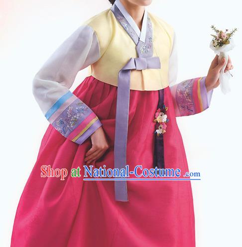 Top Grade Korean National Handmade Wedding Palace Bride Hanbok Costume Embroidered Yellow Blouse and Pink Dress for Women