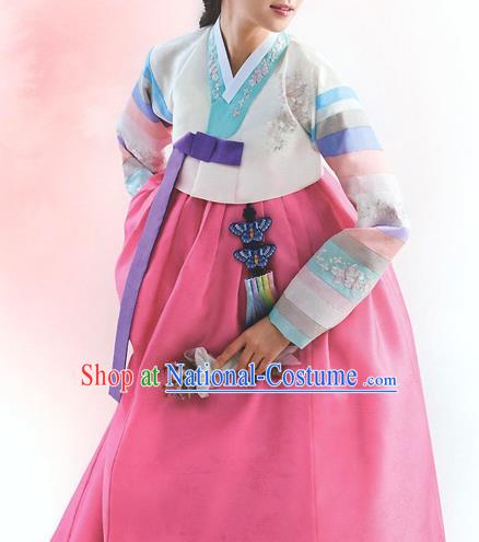 Top Grade Korean National Handmade Wedding Palace Bride Hanbok Costume Embroidered White Blouse and Pink Dress for Women