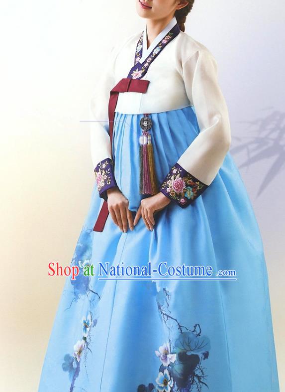 Top Grade Korean National Handmade Wedding Palace Bride Hanbok Costume Embroidered White Blouse and Blue Dress for Women