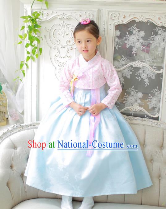 Traditional Korean National Handmade Formal Occasions Girls Clothing Palace Hanbok Costume Embroidered Pink Blouse and Blue Dress for Kids