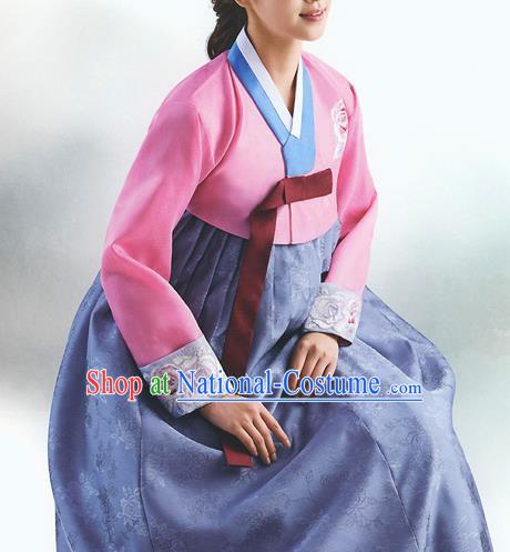 Top Grade Korean National Handmade Wedding Palace Bride Hanbok Costume Embroidered Pink Blouse and Purple Dress for Women