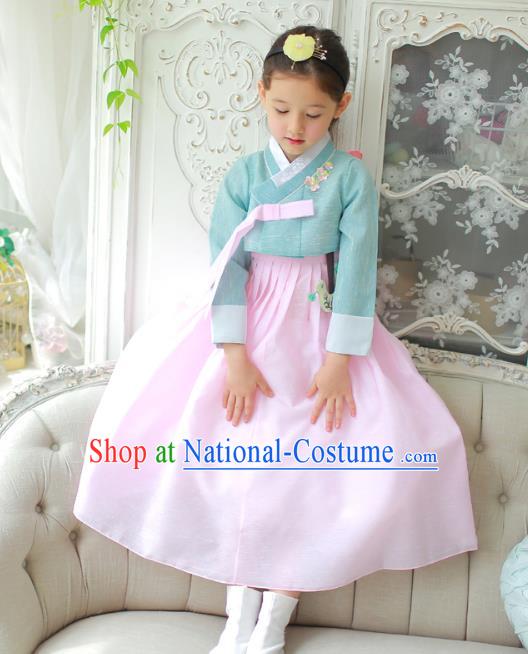 Traditional Korean National Handmade Formal Occasions Girls Clothing Palace Hanbok Costume Embroidered Green Blouse and Pink Dress for Kids