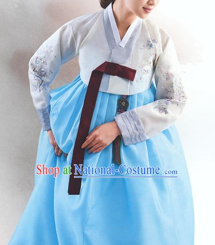 Top Grade Korean National Handmade Wedding Palace Bride Hanbok Costume Embroidered White Blouse and Blue Dress for Women