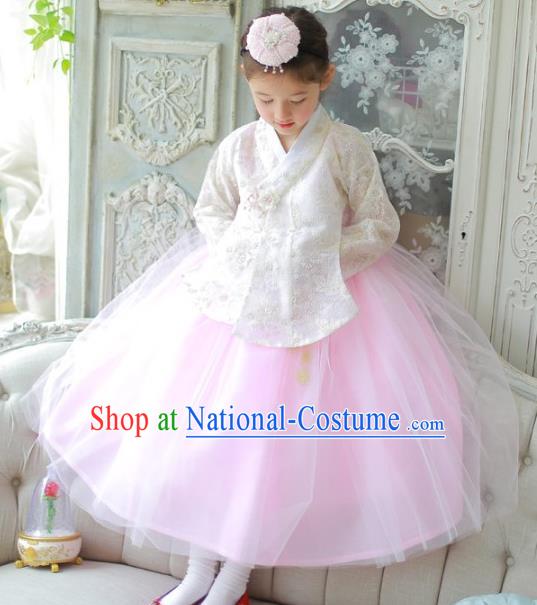 Traditional Korean National Handmade Formal Occasions Girls Clothing Palace Hanbok Costume Embroidered White Lace Blouse and Pink Dress for Kids