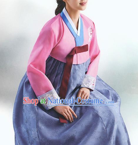 Top Grade Korean National Handmade Wedding Palace Bride Hanbok Costume Embroidered Pink Blouse and Purple Dress for Women