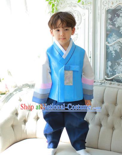 Asian Korean National Traditional Handmade Formal Occasions Boys Embroidery Blue Vest Hanbok Costume Complete Set for Kids