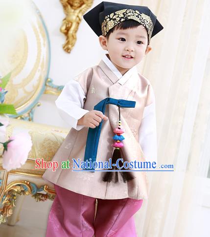 Asian Korean National Traditional Handmade Formal Occasions Boys Embroidery Beige Vest Hanbok Costume Complete Set for Kids