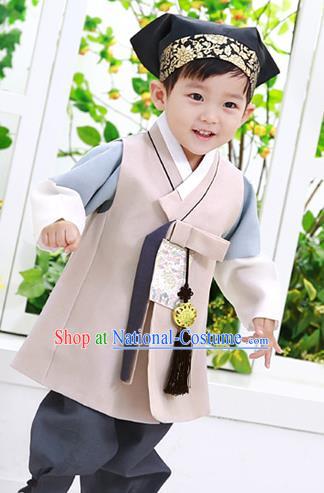 Asian Korean National Traditional Handmade Formal Occasions Boys Embroidery Beige Vest Hanbok Costume Complete Set for Kids