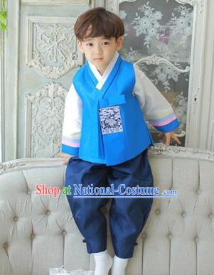 Asian Korean National Traditional Handmade Formal Occasions Boys Embroidery Blue Vest Hanbok Costume Complete Set for Kids