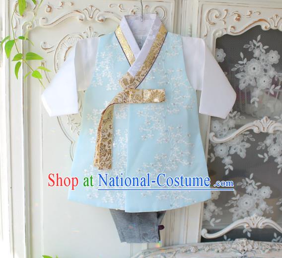 Asian Korean National Traditional Handmade Formal Occasions Boys Embroidery Green Vest Hanbok Costume Complete Set for Kids