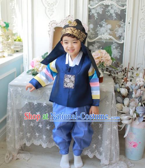 Asian Korean National Traditional Handmade Formal Occasions Boys Embroidery Deep Blue Vest Hanbok Costume Complete Set for Kids