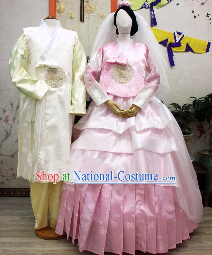 Traditional Korean National Handmade Formal Occasions Wedding Clothing Bride and Bridegroom Palace Hanbok Embroidered Costume Complete Set