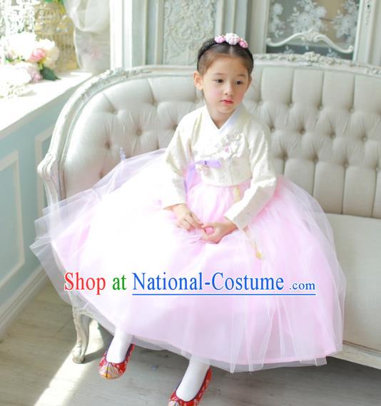 Traditional Korean National Handmade Formal Occasions Girls Clothing Palace Hanbok Costume Embroidered White Blouse and Pink Veil Dress for Kids