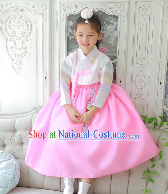 Traditional Korean National Handmade Formal Occasions Girls Clothing Palace Hanbok Costume Embroidered Pink Blouse and Pink Veil Dress for Kids