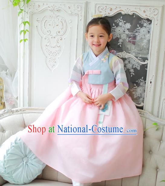 Traditional Korean National Handmade Formal Occasions Girls Clothing Palace Hanbok Costume Embroidered Blue Blouse and Pink Veil Dress for Kids