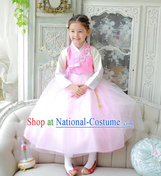 Traditional Korean National Handmade Formal Occasions Girls Clothing Palace Hanbok Costume Embroidered Pink Blouse and Veil Dress for Kids