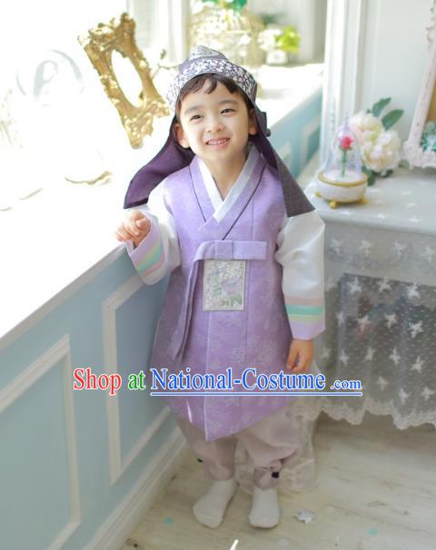 Asian Korean National Traditional Handmade Formal Occasions Boys Embroidery Purple Vest Hanbok Costume Complete Set for Kids