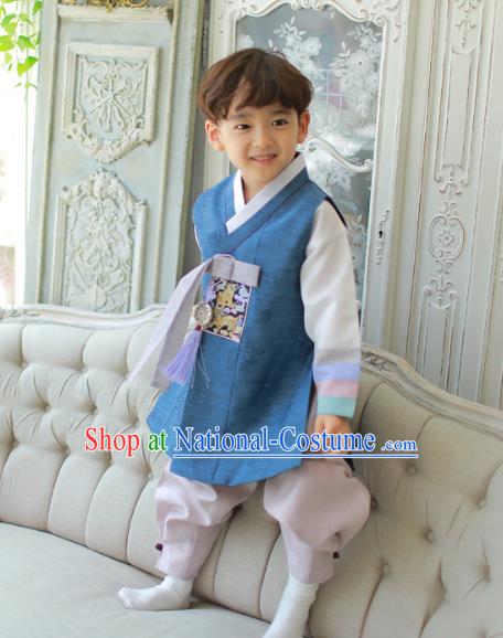 Asian Korean National Traditional Handmade Formal Occasions Boys Embroidery Deep Blue Vest Hanbok Costume Complete Set for Kids